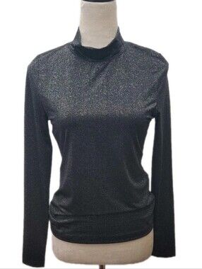 Evereve Metallic Shimmer Mock Neck Top Women's Small Black Long Sleeve Stretch